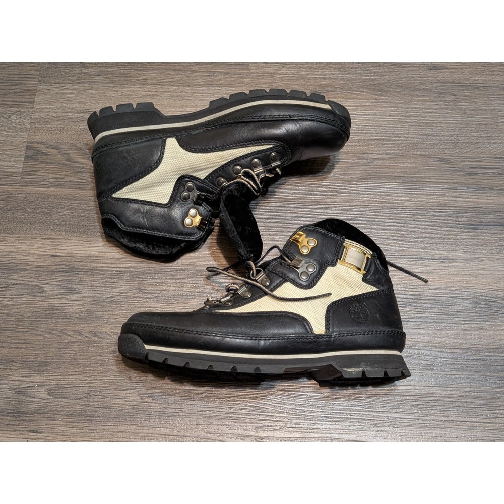 Timberland Euro Hiker Boots Black Leather Tan Fabric Size 8M